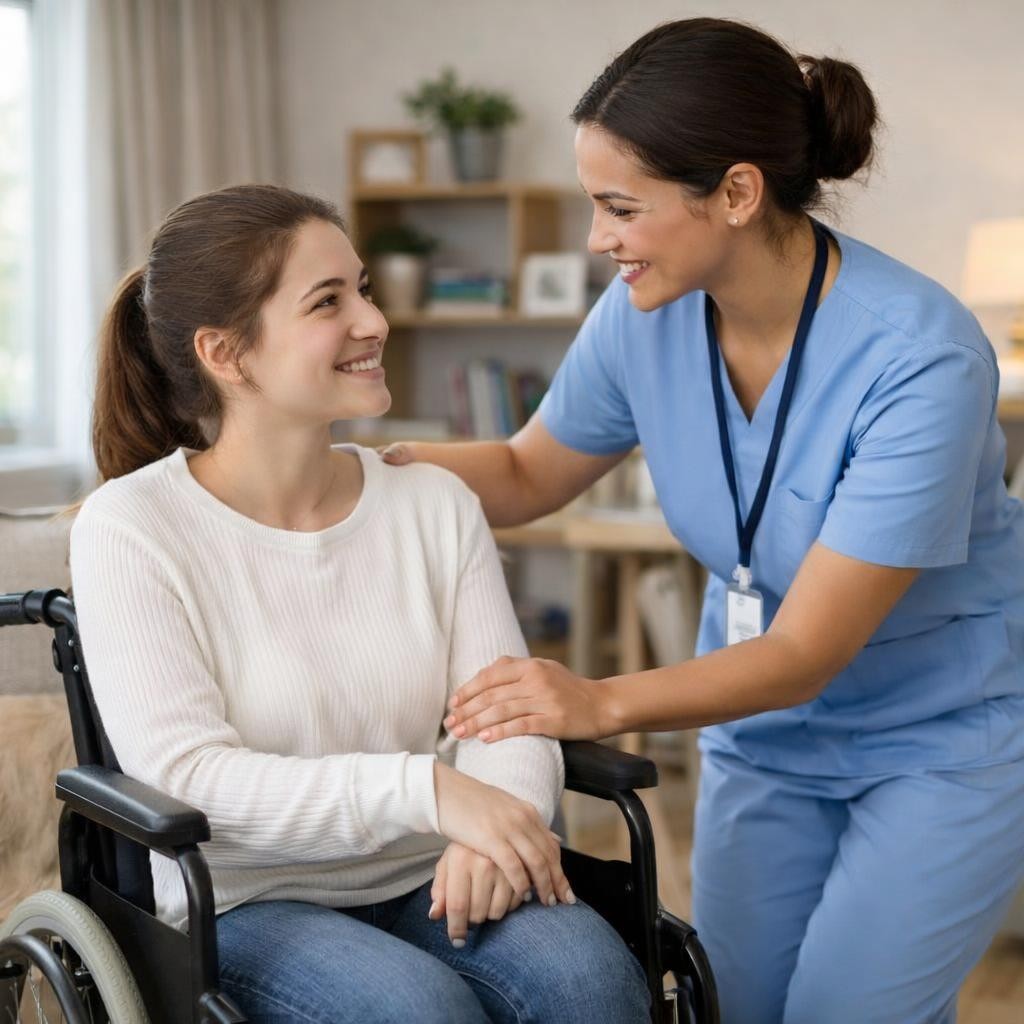 Nurse comforting a woman in a wheelchair inside a home setting